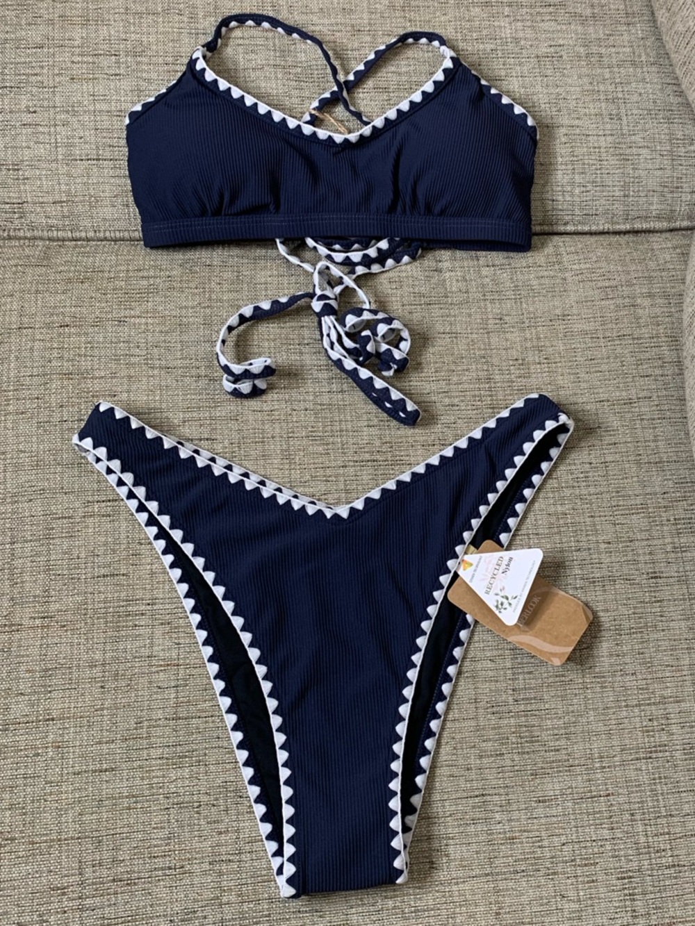 NWT BERLOOK Ribbed Bikini Swimsuit w/ Contrast Stitch Trim in Navy / White, XS - Picture 4 of 6
